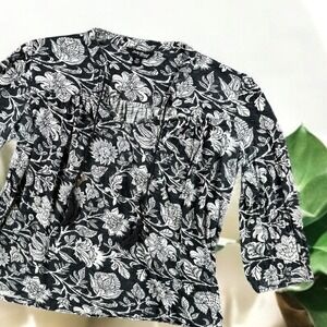 Lucky Brand Blouse Women XS Black White Floral Peasant Tassel Boho Top